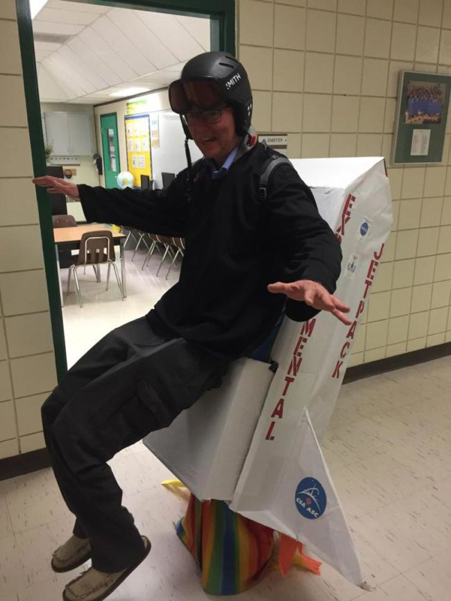 My dad is a teacher and went to school wearing a jetpack for Halloween. He spent a week making the jetpack with fake legs. He made a lot of kids smile!