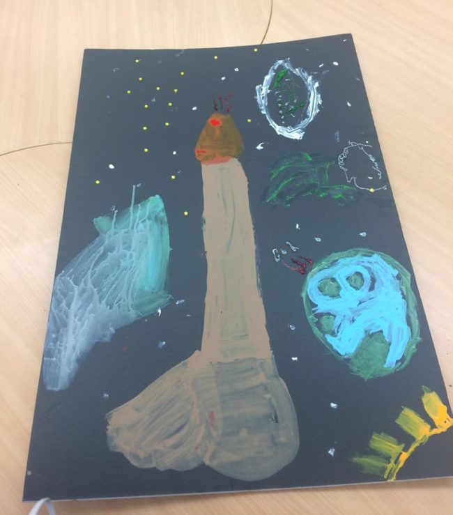 This is one of my 3rd grade student’s “Rocket Ship” for our solar system posters, that get hung around the room