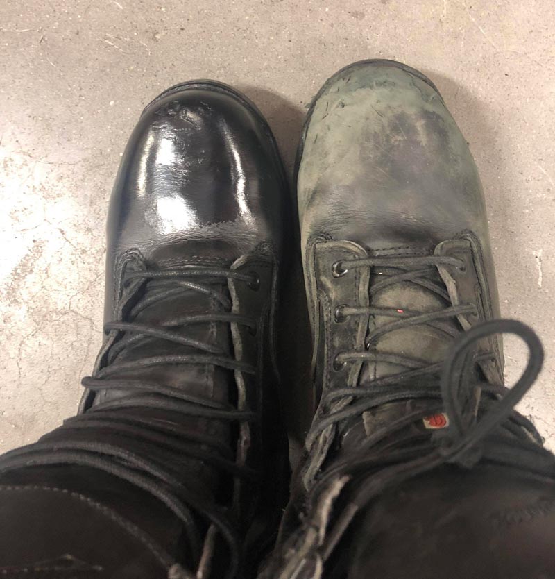 I put a couple layers of boot polish on one of my a coworkers boots every day he was on vacation... ONE of his boots