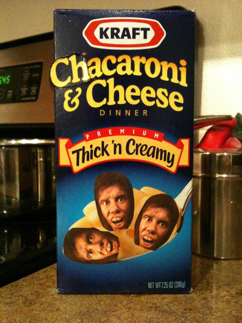 Years ago without photoshop, I convinced my 5 year old there were bits of chaka meat in his mac’n cheese