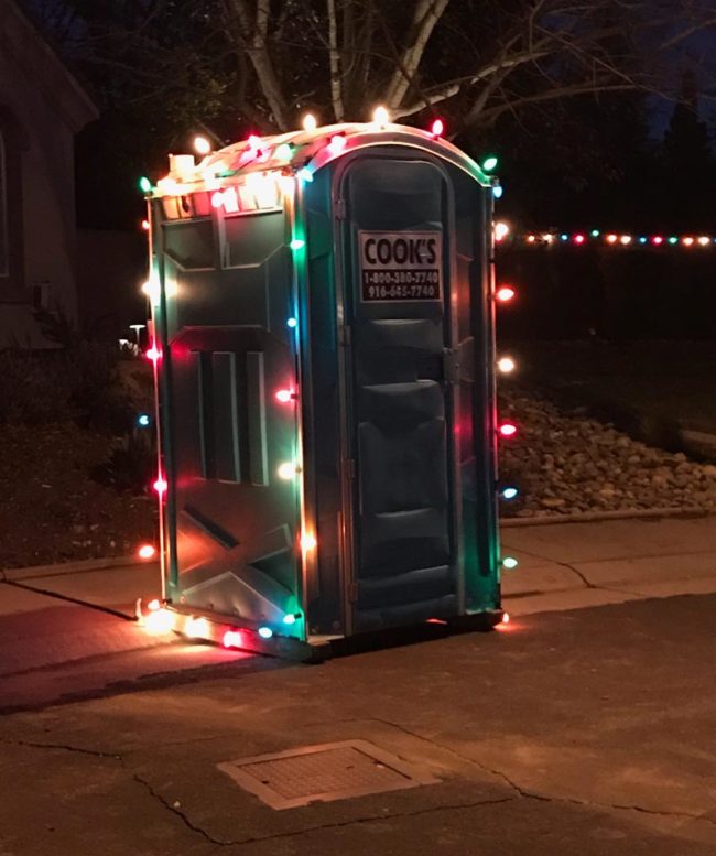 My parents have contractors doing a long term project, my mom decided to make their toilet festive