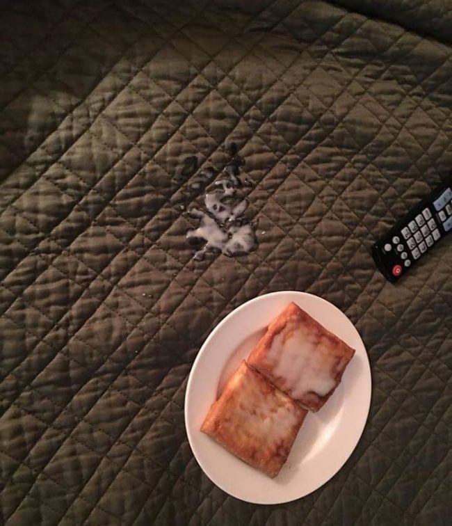 That awkward moment when your toaster strudel falls on the bed