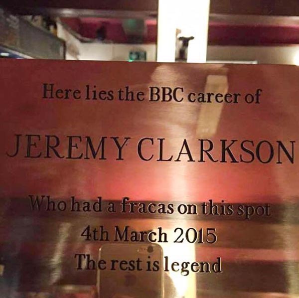 This plaque at the restaurant where Clarkson punched his producer
