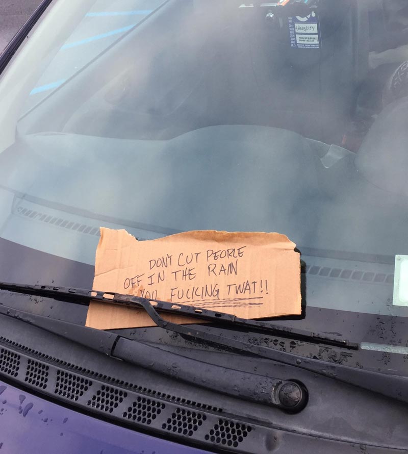 Just saw this angry note in the aldi parking lot, glad it wasn't on my car