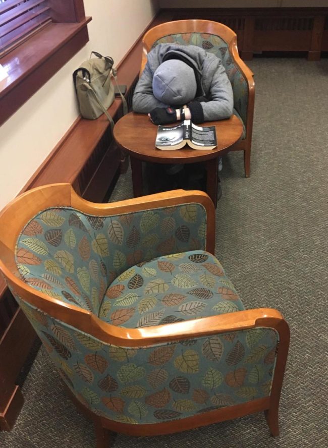My roommate fell asleep at the library so I put 50 Shades of Grey in front of him
