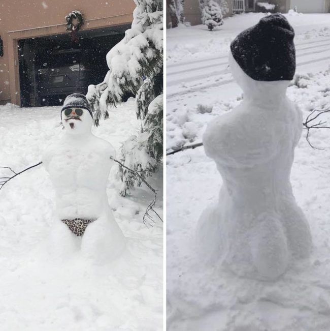 The neighbors made a snowman for the neighborhood to enjoy
