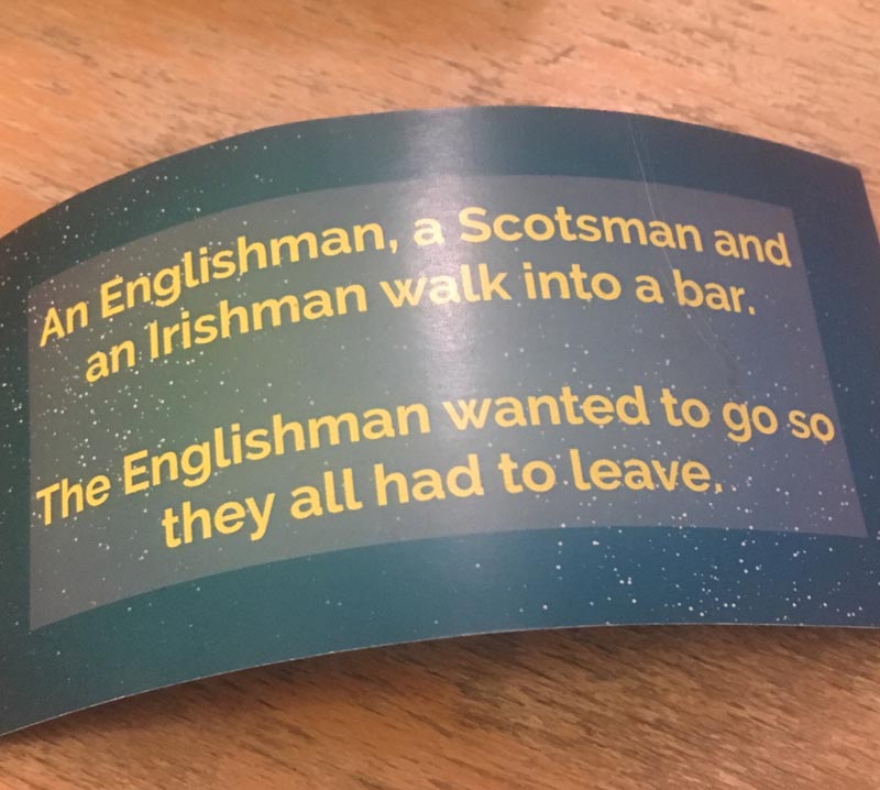 An Englishman, a Scotsman and an Irishman walk into a bar...