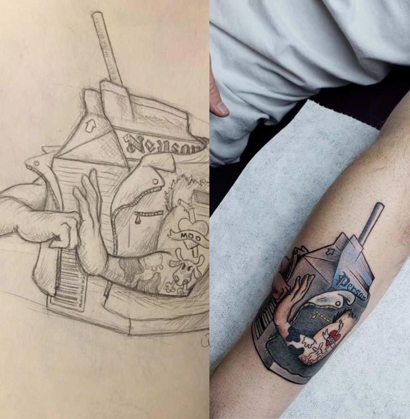 I posted a drawing I designed of “Milk gone bad” and this guy got it tattooed on his forearm!