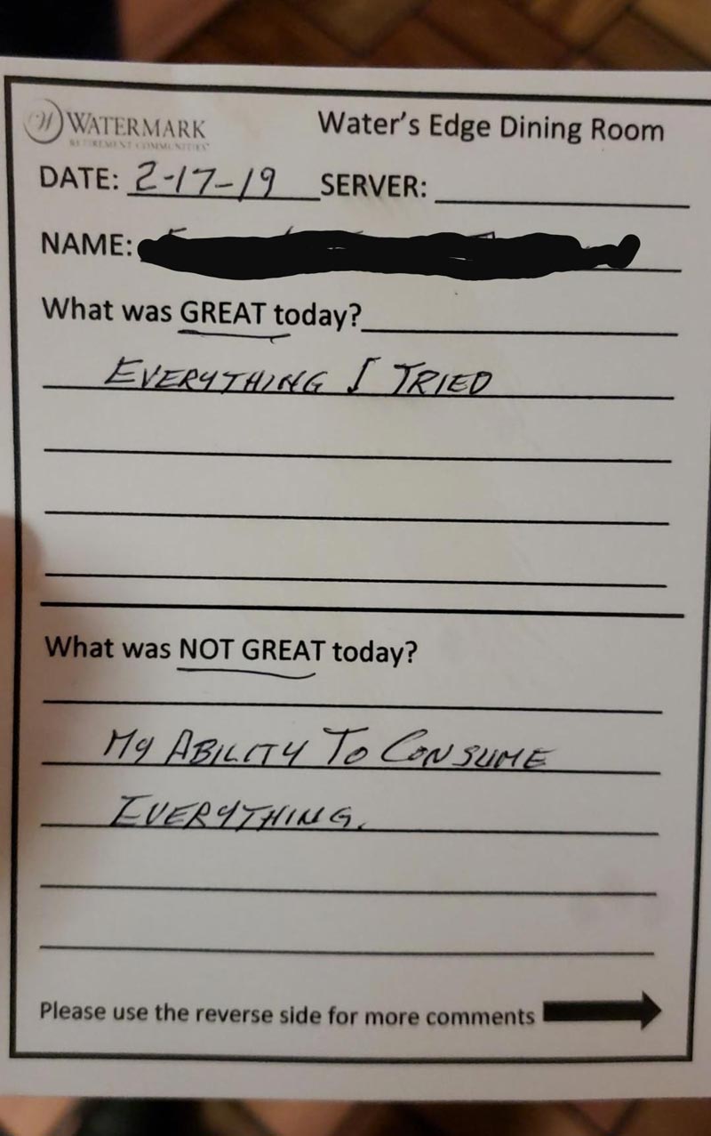 A comment card left at a table today