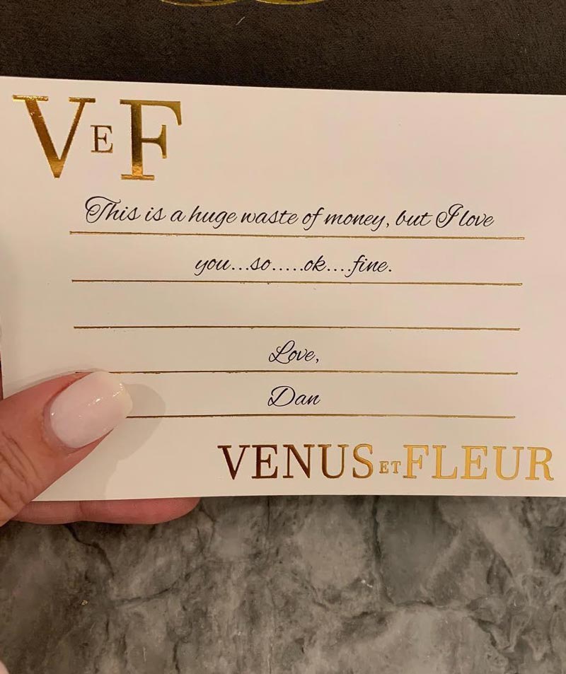Buddy got his wife a very expensive bouquet of flowers. This was the card that came with it