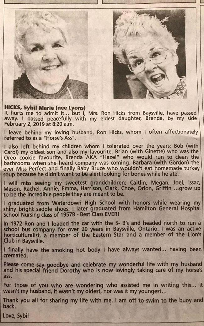 This woman's obituary (Hamilton Spectator) proves that in death, she is funnier than I am in life...