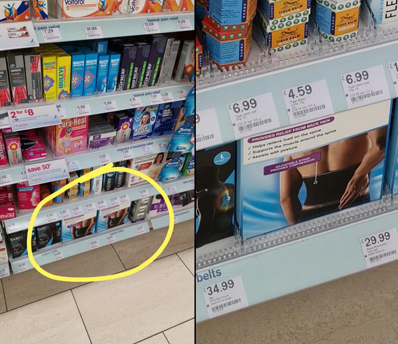 Pharmacy puts their back pain stuff on the bottom shelf