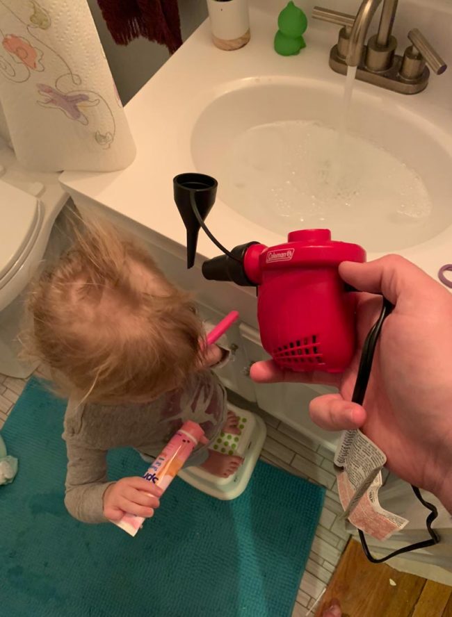 Wife’s out of town and took the hair dryer, so I had to improvise. Officially feel like a real dad now