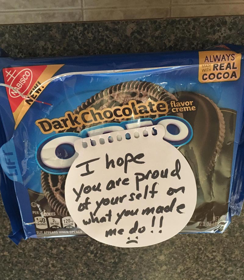 My dad ate this package in one day and left this note for my mom (who bought it after she heard my dad was trying to resist the temptation)