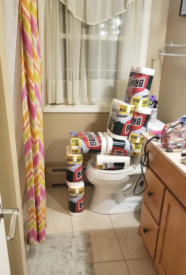 I accidentally over ordered on the paper towels, and this was my husband's storage solution in the spare bathroom