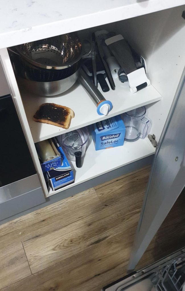 I went to put a clean chopping board back into my cupboard. My wife had put toast in there to stop the smoke alarm going off