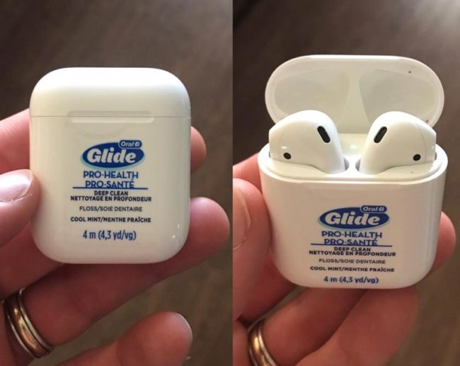 My younger sister camouflages her AirPods with a floss sticker