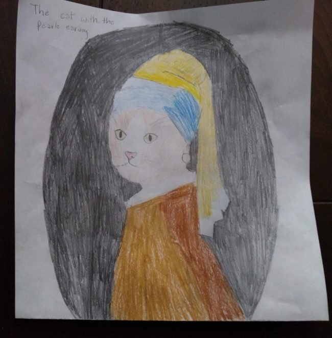 My 10 year old neighbor, Julia, drew this parody. The Cat with the Pearl Earring