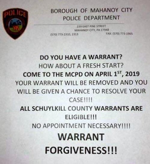 Local police Warrant Forgiveness for April Fools' day
