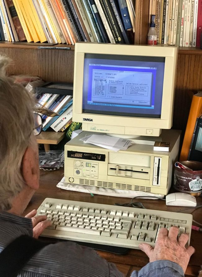 Grandpa still uses a decades old computer that runs Dos, typing, printing and storing things on floppies