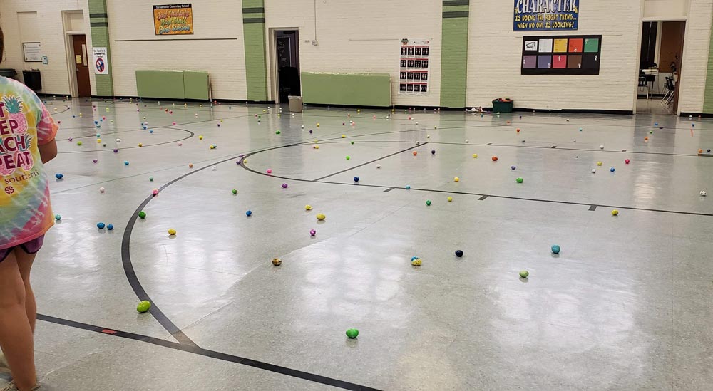 Easter egg hunt was rained out at my son's school, so everyone had to hide the eggs in the gym...