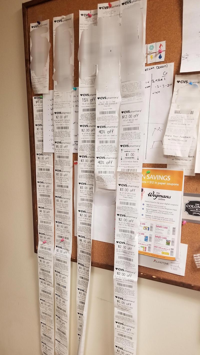 My roommates and I have a competition to see who gets the longest CVS receipt by the end of the year. So far the winner is holding at 5.2 feet