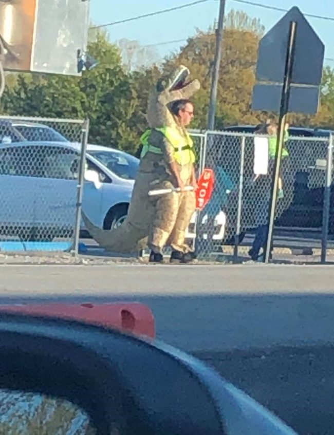 So my wife sends me a picture just now, this is the principal at my kids school dressed as a trex, while being a crossing guard. I can't imagine the bet he lost over the weekend for this to happen. Easily the coolest principal ever though