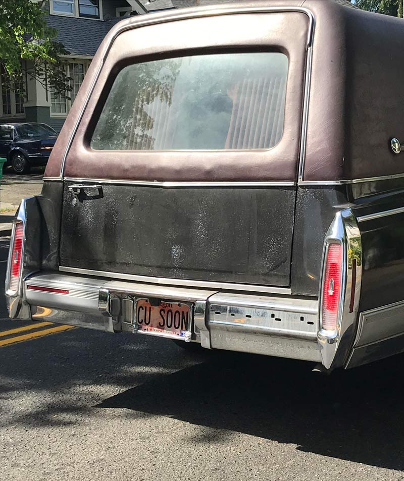 The license plate on this decommissioned hearse
