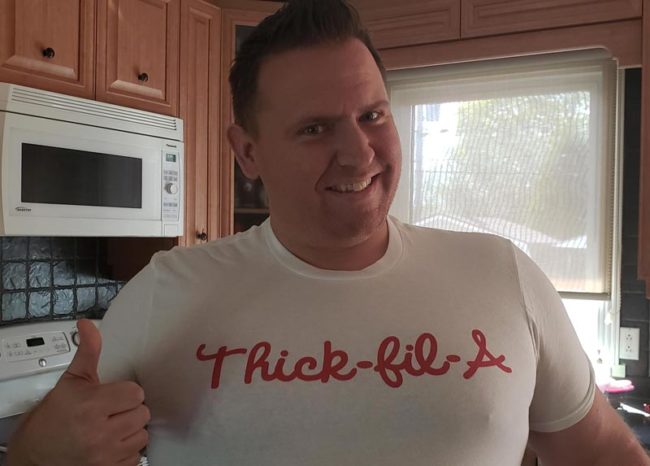 I enjoy embarrassing my wife in public. Last time I wore the "Met My Wife On Ancestry.com" shirt. This time I purchased this "Thick-fil-A" 3 sizes too small. Wish me luck!