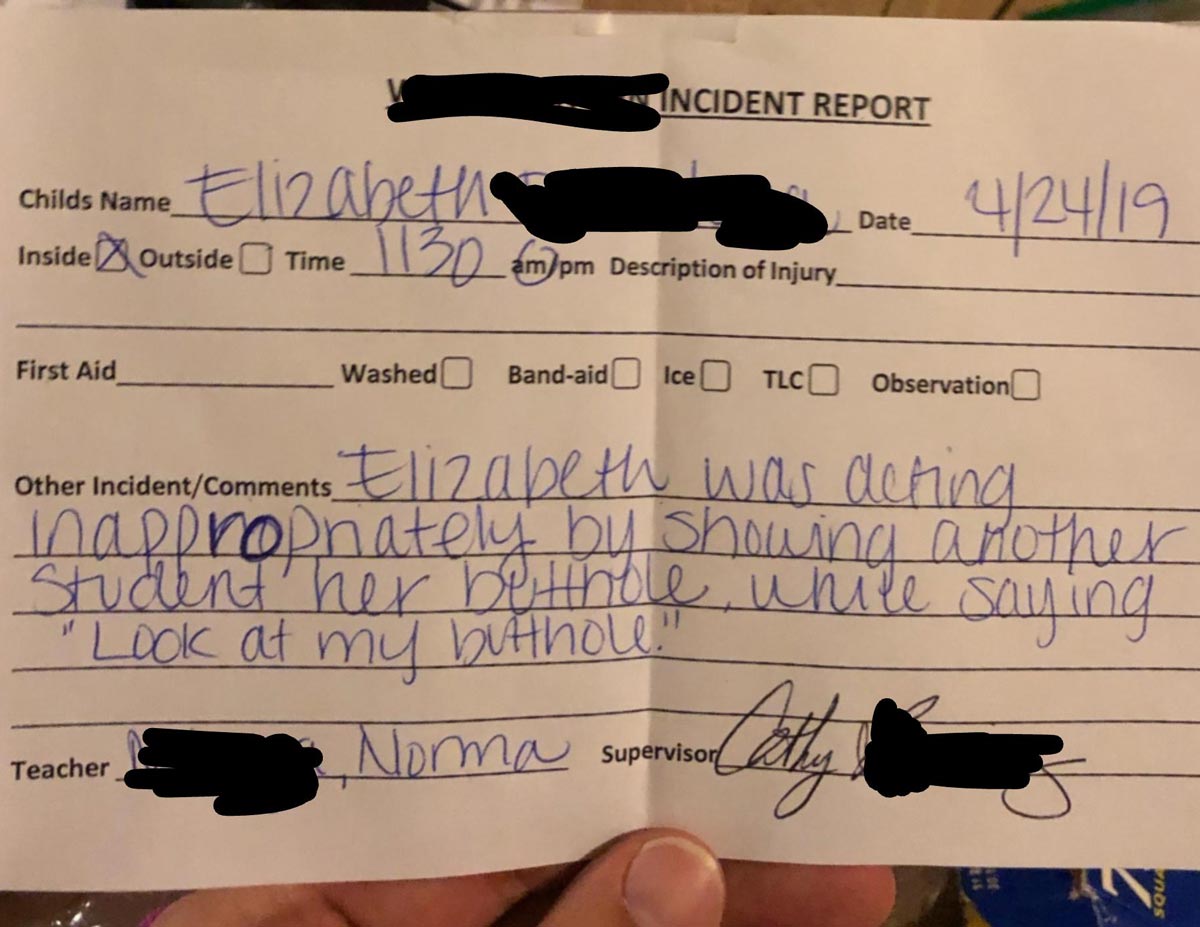 The incident report my buddy got from his daughters daycare