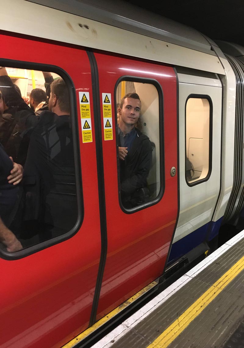 My friend after getting on the wrong train in London. We made a last minute group decision to get off, he wasn't paying attention