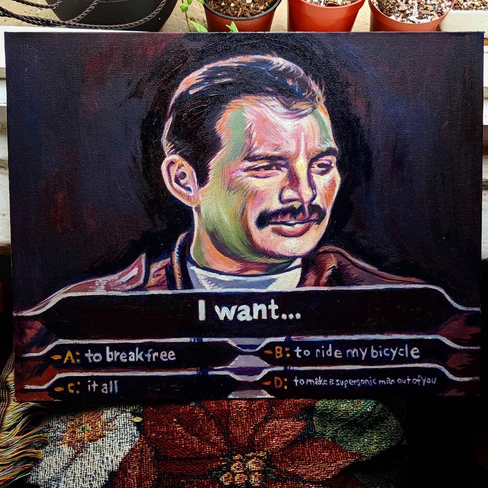 I painted Freddie Mercury on who wants to be a millionaire, oil on canvas