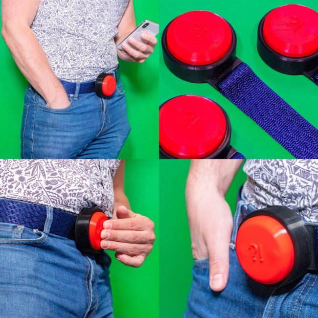 My latest fake invention is the FrustrationButton, your own belt buckle horn for slow walkers