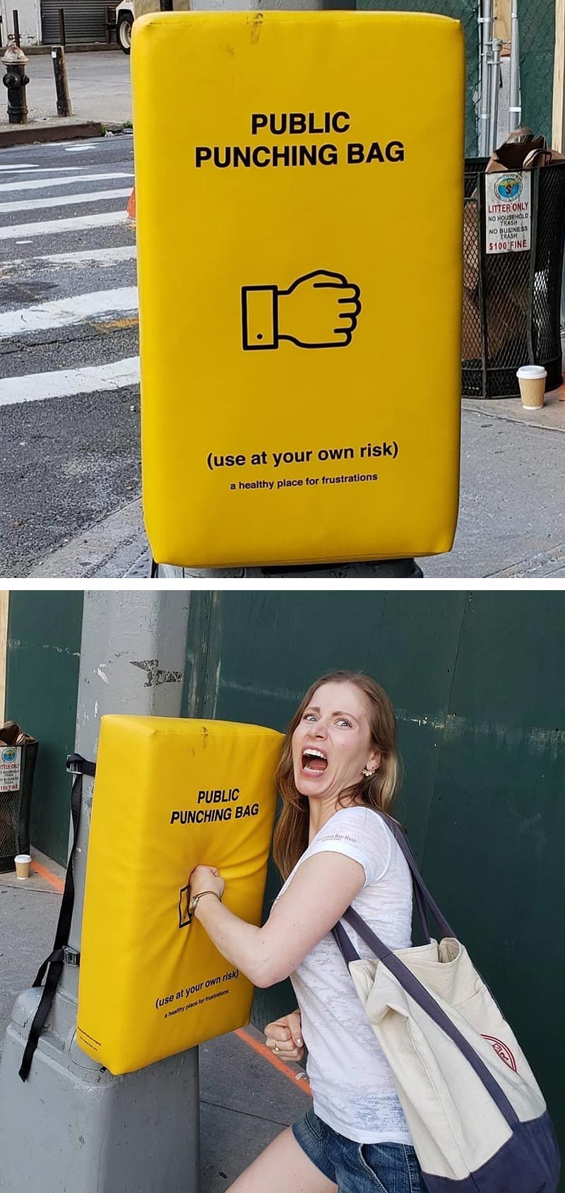 Public punching bags have been installed across Manhattan to provide relief for frustrated New Yorkers