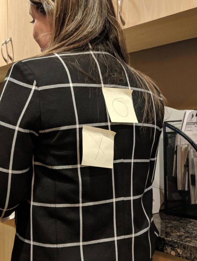 My coworker wore a checked suit today. Unfortunately she didn't let us finish