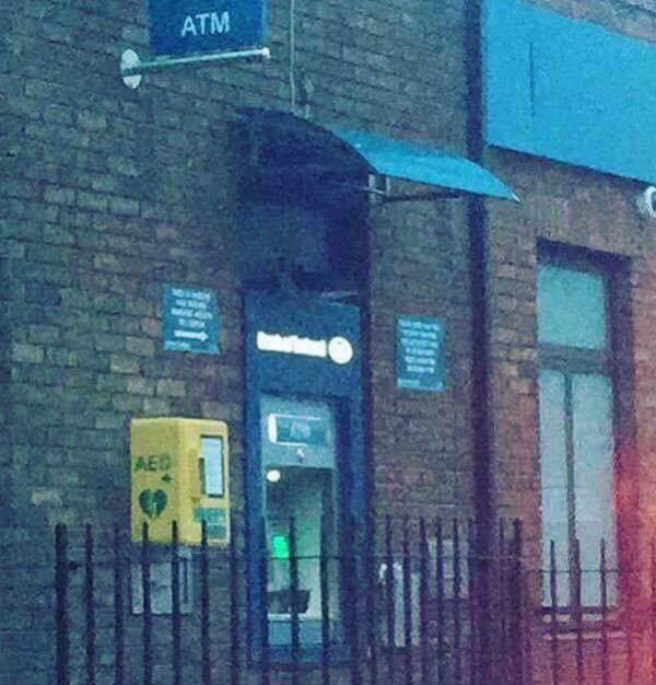 Heart defibrillator next to the ATM, ready for when you check your balance after the weekend
