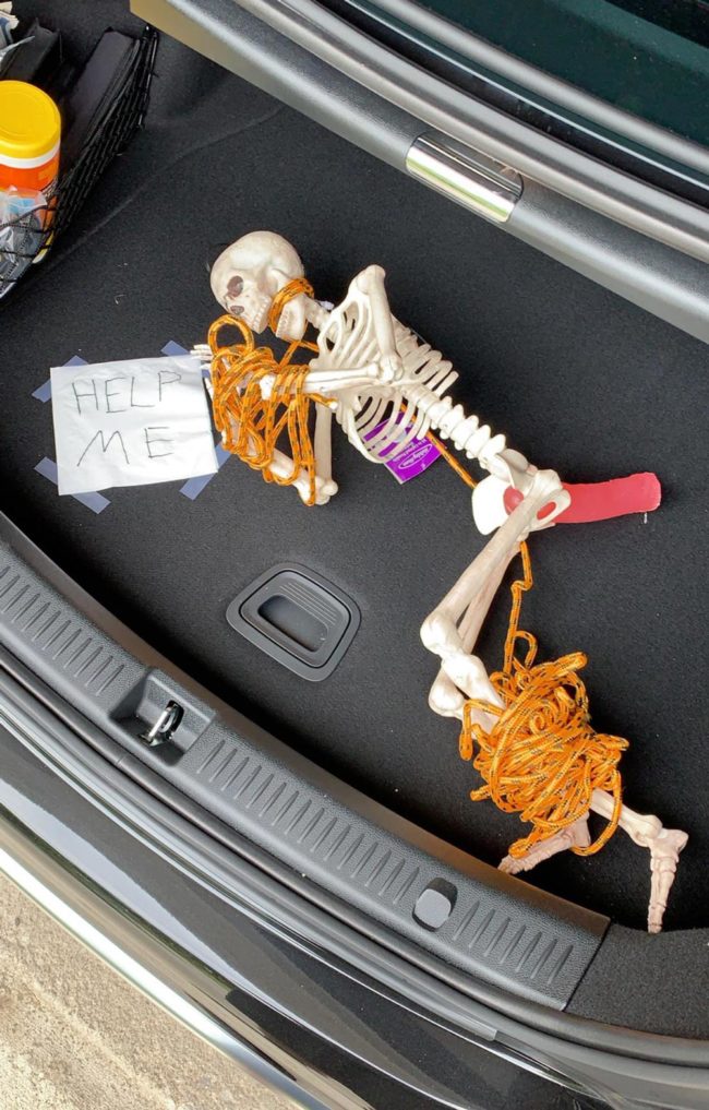 My brother and I have been hiding a decorative skeleton on each other for months. Today, he went for a run and left his car here. So naturally...