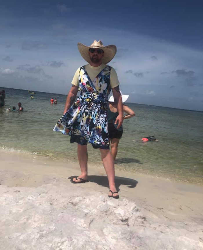 We take turns wearing this dress in various public places. I wore it fishing at a relatively empty park area. He has upped the game by wearing it to a beach in Florida. I am dreading my next turn