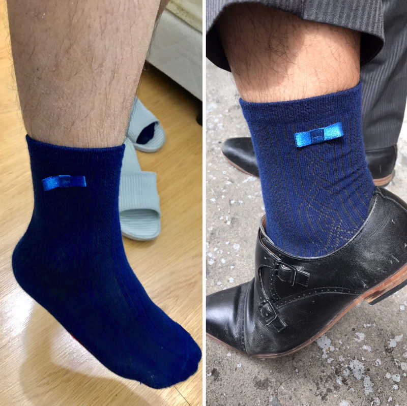 Hubby couldn't find clean dress socks, so he used mine