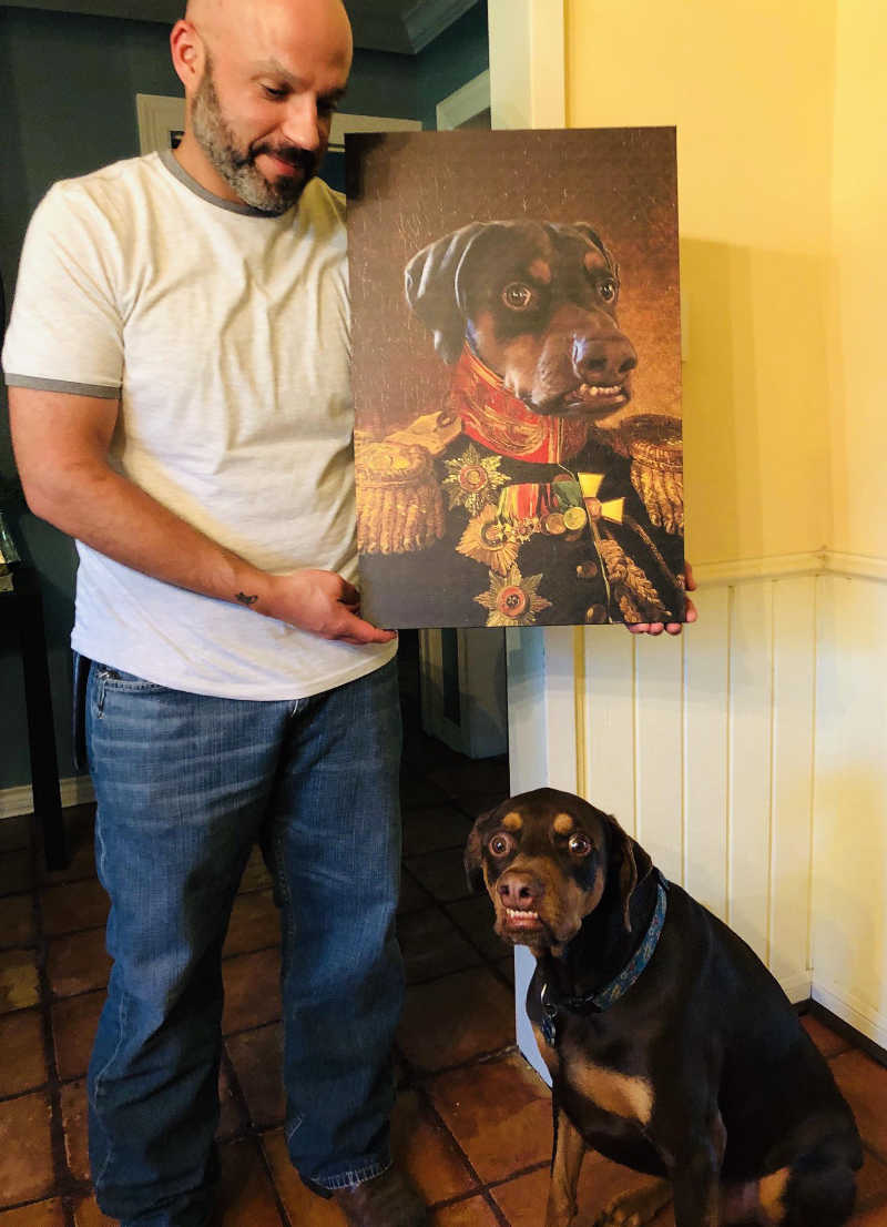 My friend’s birthday gift to her husband: A fantastic painting of their Derperman Pinscher