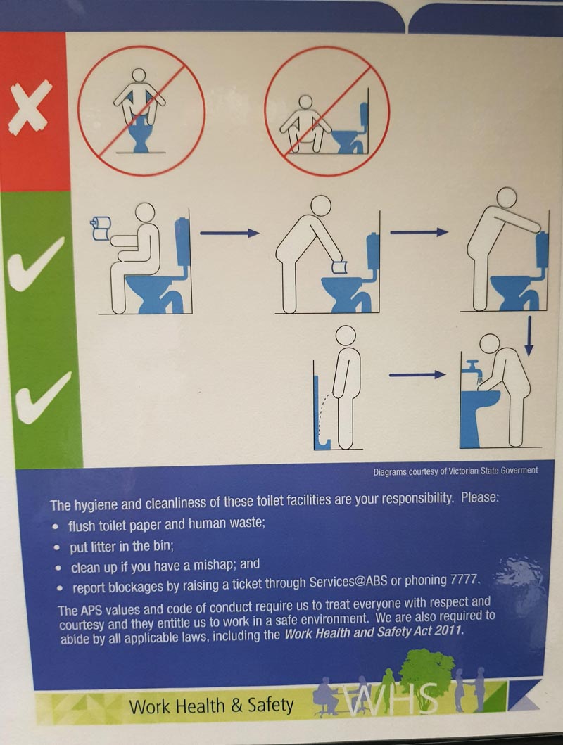 The instructions for toilet use at my work have some oddly specific do not's