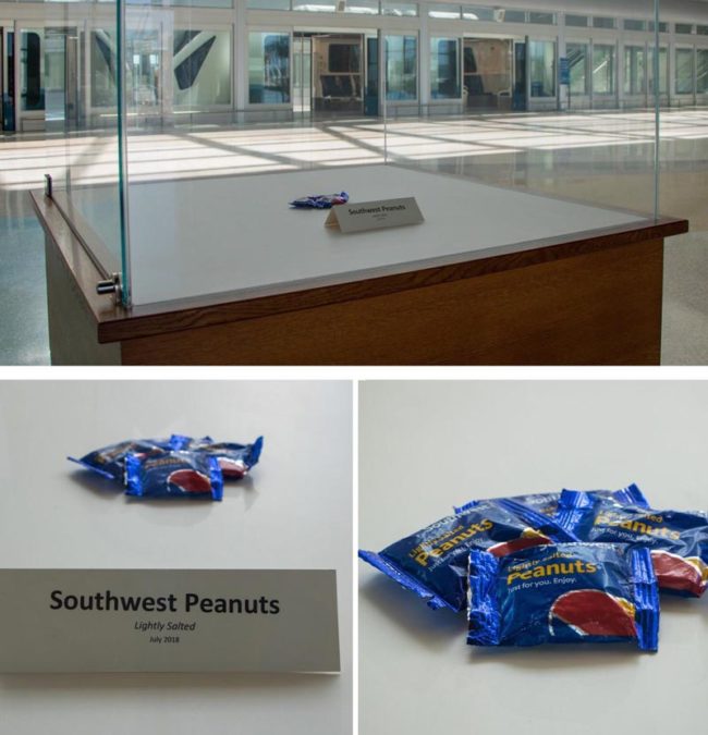 In honor of the anniversary of the last bag of peanuts offered on a Southwest flight, Orlando International Airport (MCO) set up this exhibit to honor a relic of airplane food history