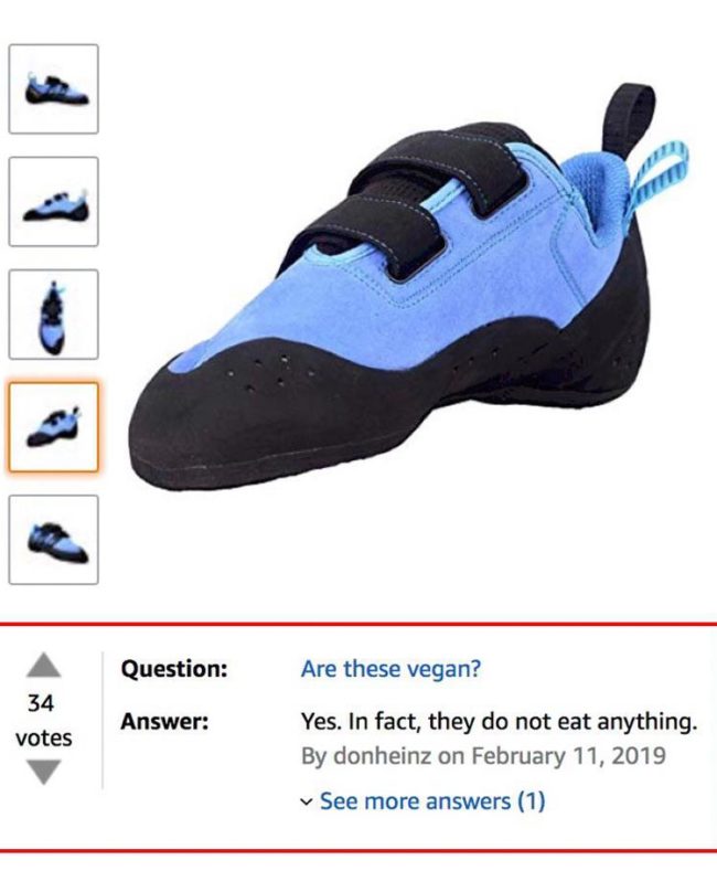 FAQ for a pair of rock climbing shoes on Amazon
