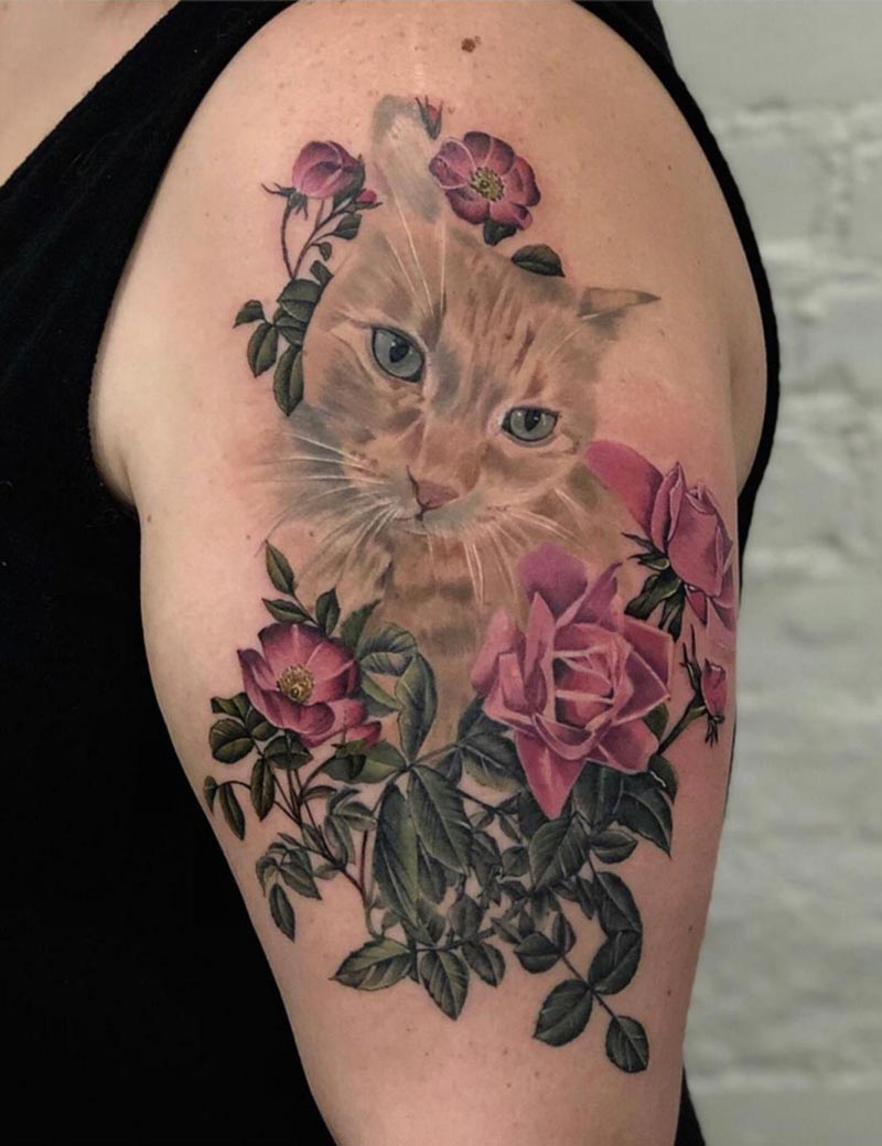 Cat Portrait & Flowers Tattoo