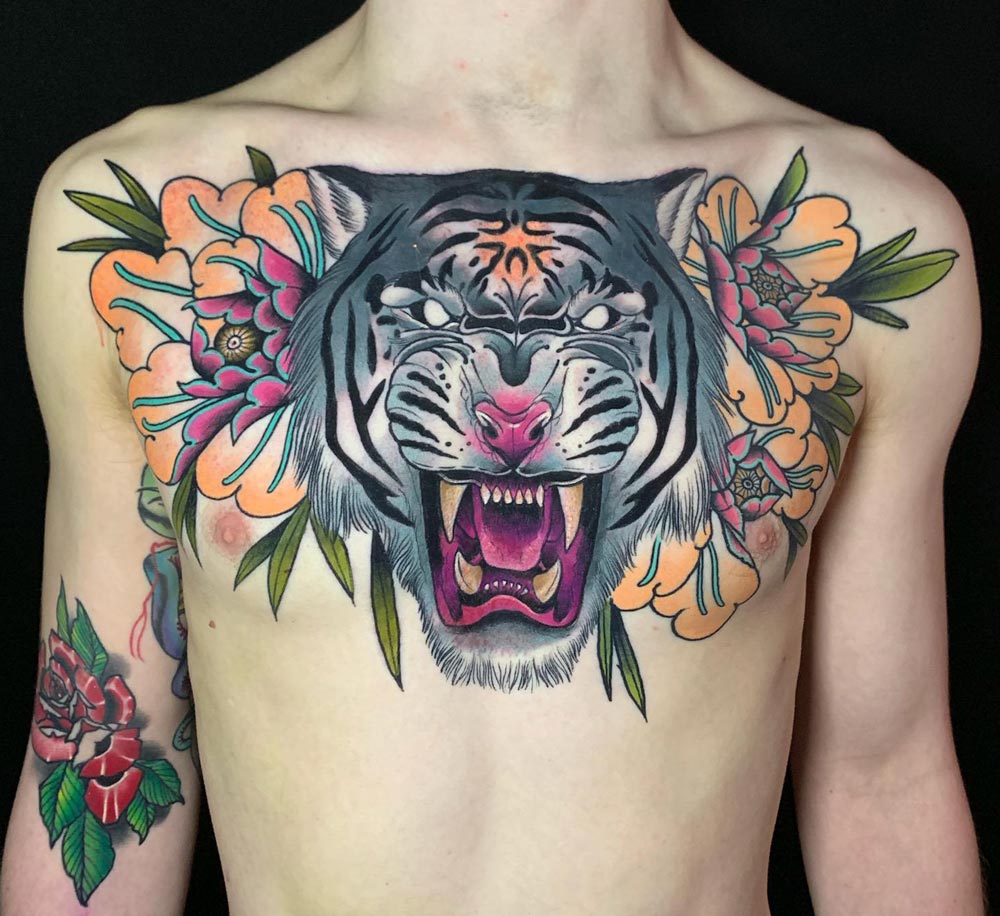 Traditional Tiger Chest Tattoo