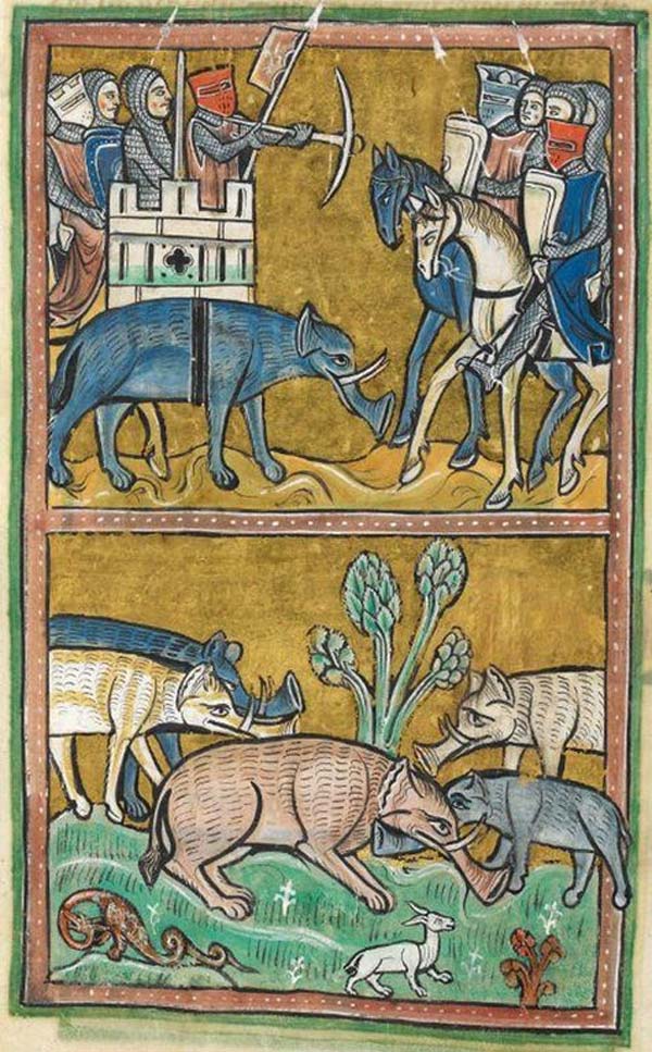 Medieval painting of elephants by a guy who had clearly never seen an elephant...