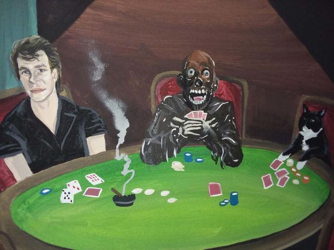 Wife's favorite movie is Dirty Dancing. Mine's Return of the Living Dead. Paid an artist (Daniel Ryan) to do a dogs playing poker painting with Patrick Swayze, Tarman and our cat