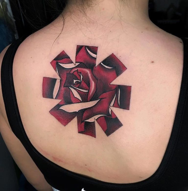 Red Hot Chili Peppers Rose Logo Back Tattoo.