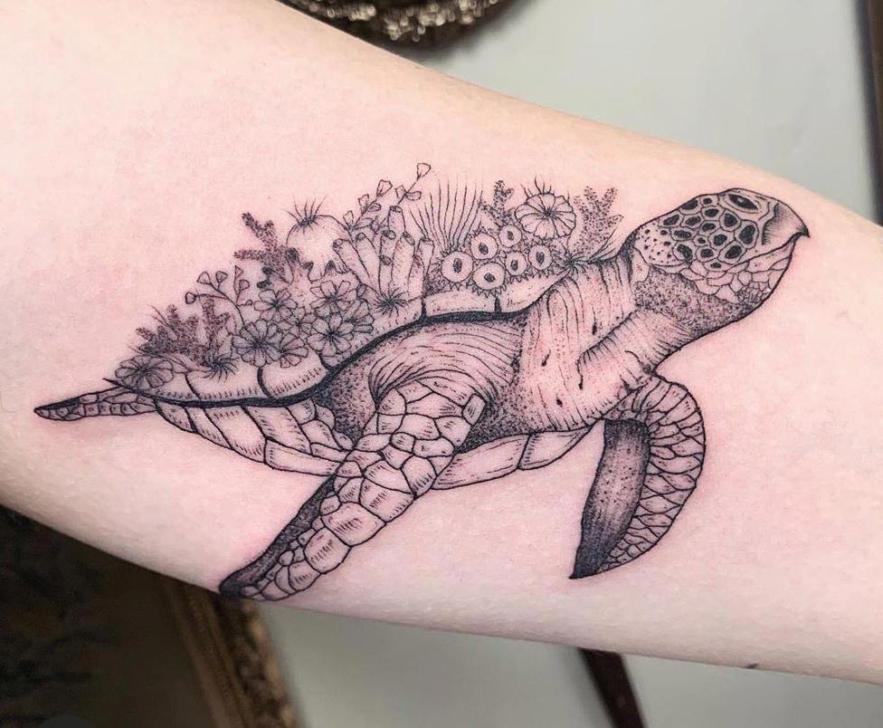 Turtle & Flowers Tattoo