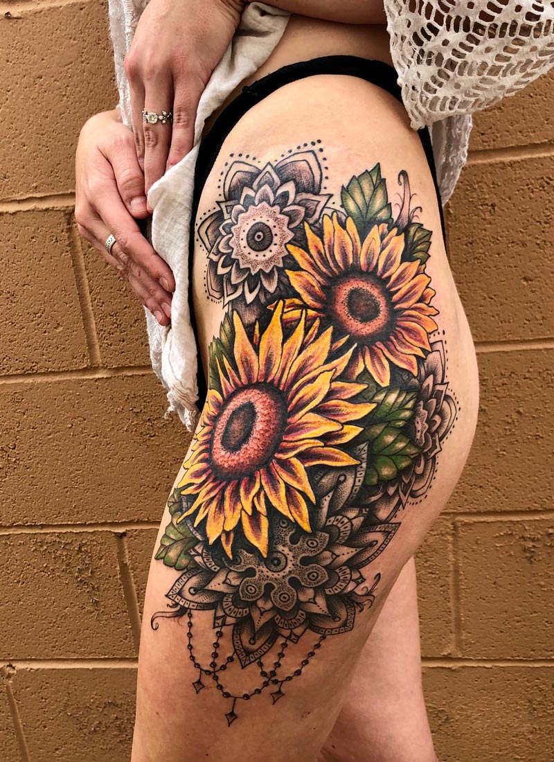Sunflower & Mandala Hip Tattoo